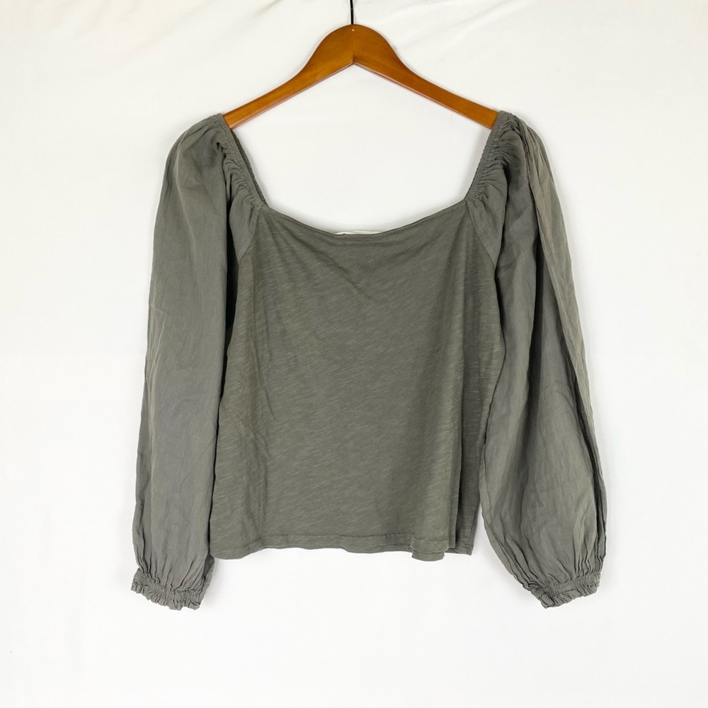 Self Contrast Puff Long Sleeve Blouse Square Neck Green Size Large Lightweight